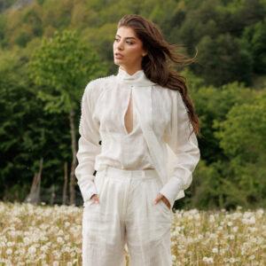 Italian Linen Set with Pearls button details