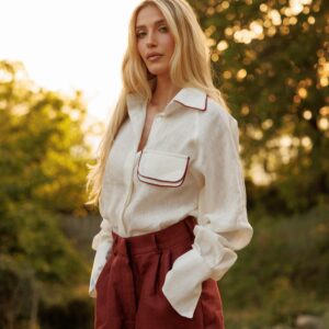 100% premium linen set featuring a long-sleeve shirt with tailored shorts