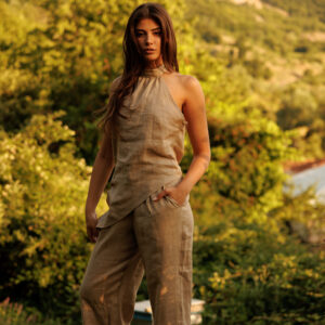 100% premium linen set featuring a halter top and wide-leg trousers