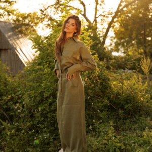 100% premium linen set featuring an oversized shirt and a maxi skirt
