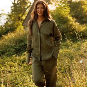 100% premium linen set featuring an oversized shirt and wide-leg trousers