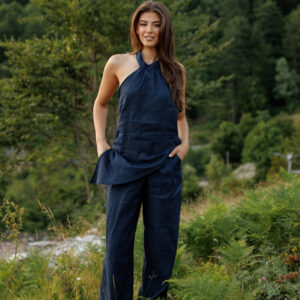 100% premium linen set featuring an open-back halter top and wide-leg trousers