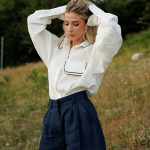 100% premium linen set featuring a contrast-piped long-sleeve shirt and tailored shorts