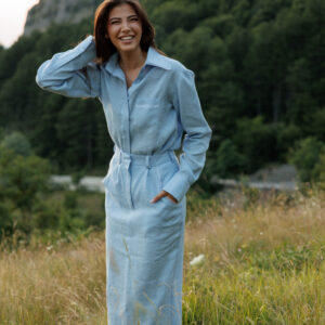 100% premium linen set featuring a lace-trimmed long-sleeve shirt and long skirt