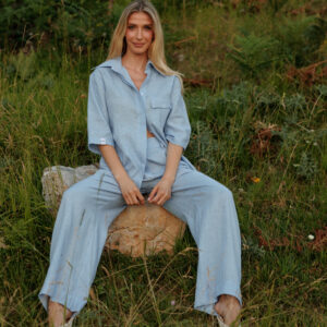 100% premium linen set featuring a button-back long-sleeve shirt and wide-leg trousers