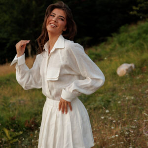 100% premium linen set featuring a long-sleeve shirt and pleated mini skirt