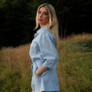 100% premium linen set featuring a short-sleeve belted shirt and tailored shorts